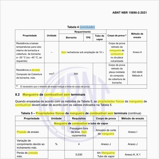 Quais são as propriedades físicas da mangueira de combustível sem terminais?