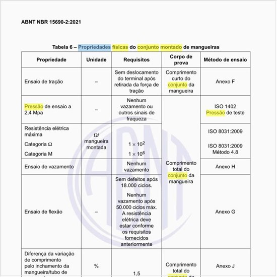 Quais são as propriedades físicas do conjunto montado de mangueiras?