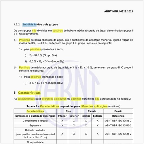 Quais são as características para diferentes aplicações de pastilhas cerâmicas?