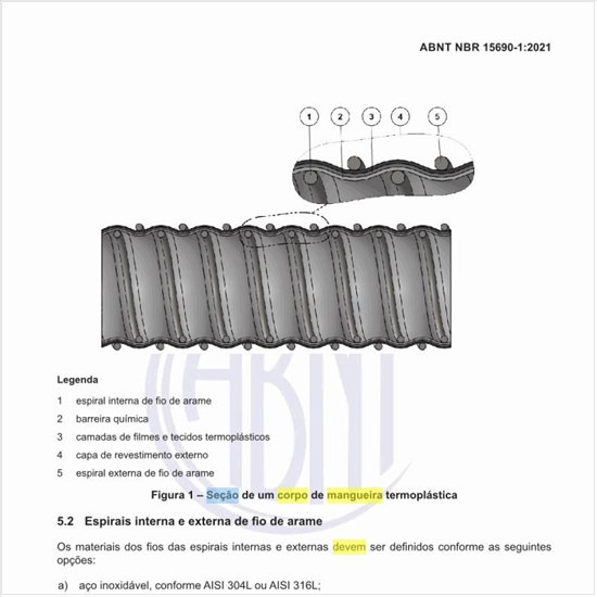 Como deve ser a seção de um corpo de mangueira termoplástica?
