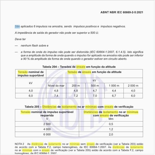 Quais são as distâncias de isolamento no ar mínimas com ensaio de verificação?