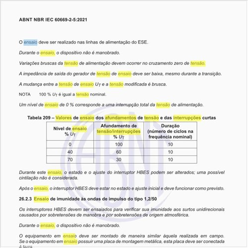 Quais são os valores de ensaio dos afundamentos de tensão e das interrupções curtas?