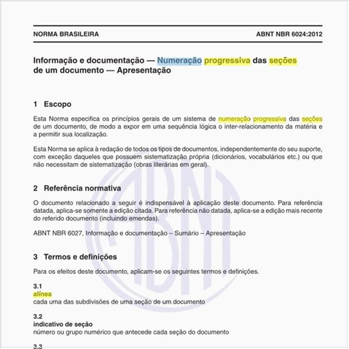 O que significa alínea na  numeração progressiva das seções de um documento?