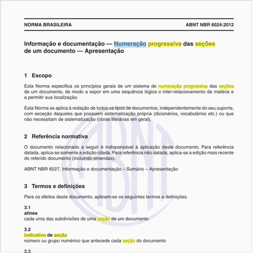 O que significa indicativo de seção na  numeração progressiva das seções de um documento?