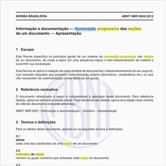 O que significa indicativo de seção na  numeração progressiva das seções de um documento?