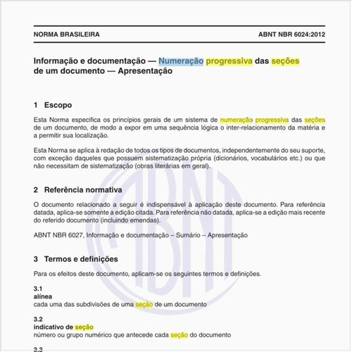 O que significa seção na  numeração progressiva das seções de um documento?