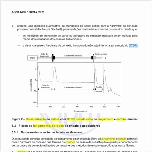 Qual deve ser a caracterização do enlace com OTDR usando cabo de lançamento e cordão terminal?