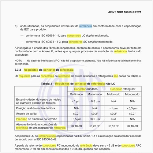 Quais são os requisitos de conector de referência não LC?