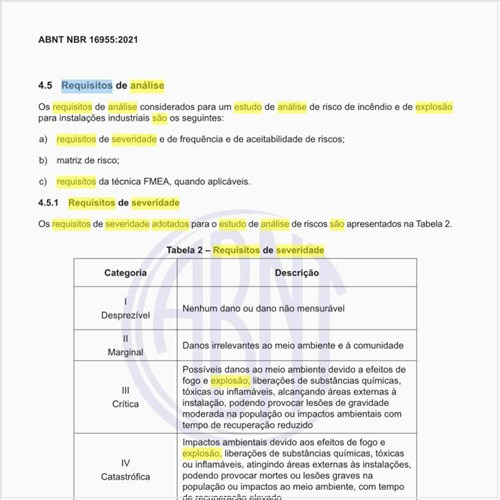 Quais são os requisitos de severidade adotados para o estudo de análise de riscos?