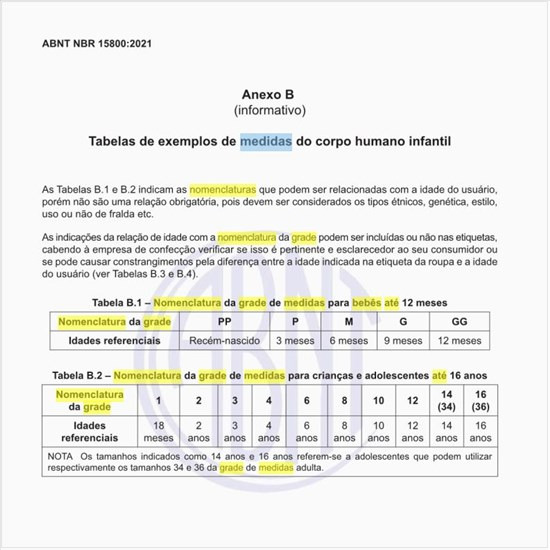 Qual é a nomenclatura da grade de medidas para bebês até 12 meses?