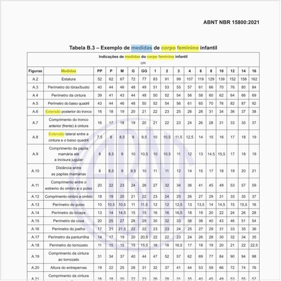 Quais são os exemplos de medidas de corpo feminino infantil?