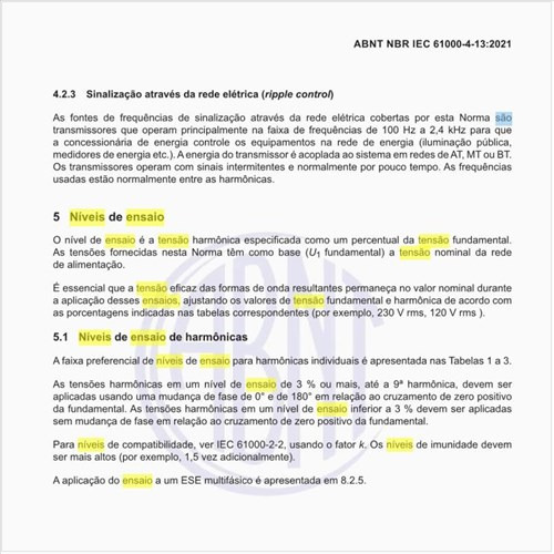 Quais são os níveis de ensaio de harmônicas?