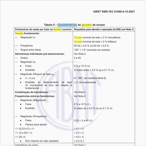 Quais são as características do gerador de ensaio?
