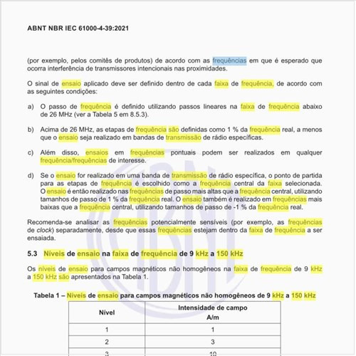 Quais são os níveis de ensaio na faixa de frequência de 9 kHz a 150 kHz?