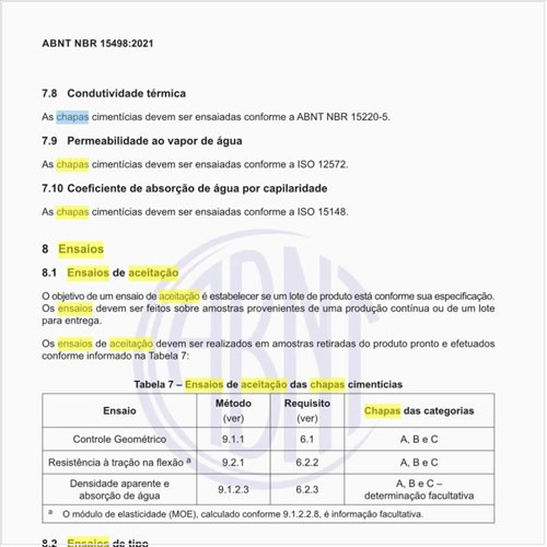 Quais são os ensaios de aceitação das chapas cimentícias?