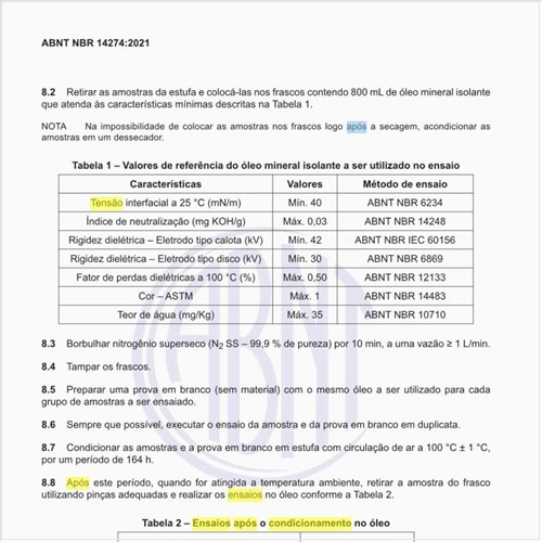 Quais são os ensaios após o condicionamento no óleo?