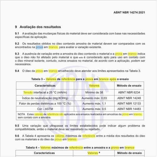 Quais são os valores de referência para a prova em branco após o ensaio?