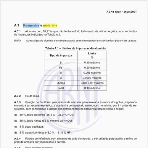 Quais são os reagentes e materiais usados no ensaio de refino de grão?