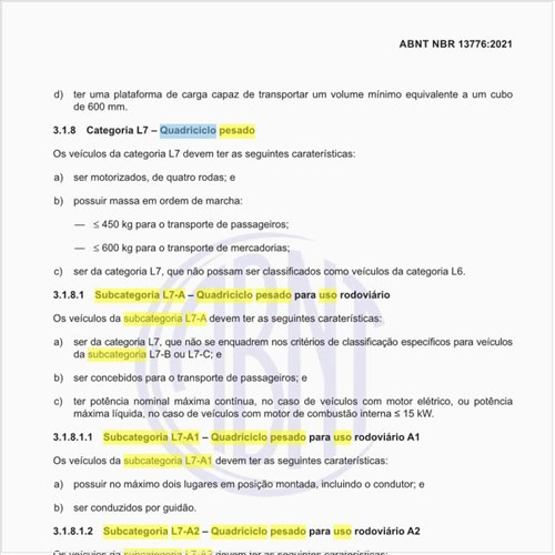 Quais as características da subcategoria L7-A – Quadriciclo pesado para uso rodoviário?