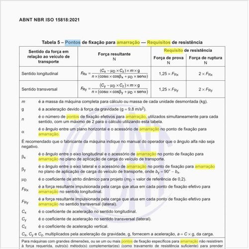 Quais são os pontos de fixação para amarração e os requisitos de resistência?