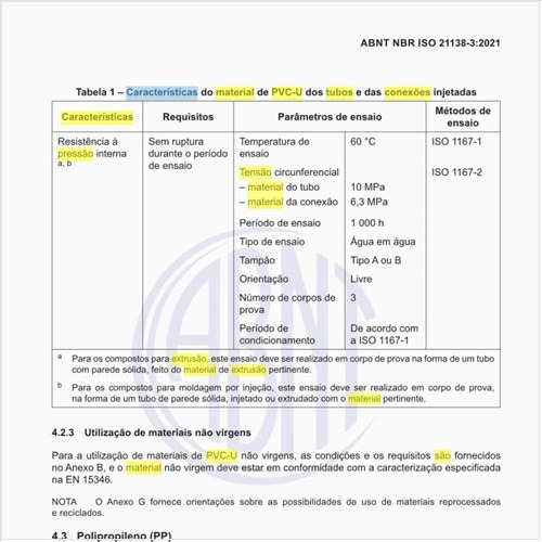 Quais são as características do material de PVC-U dos tubos e das conexões injetadas?