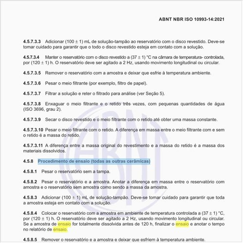 Qual é o procedimento de ensaio para todas as outras cerâmicas?