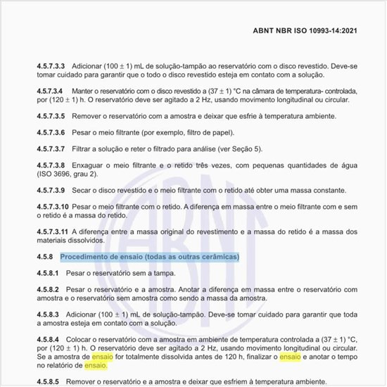 Qual é o procedimento de ensaio para todas as outras cerâmicas?