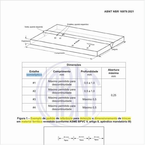 Qual é o exemplo de padrão de referência para detecção e dimensionamento de trinca sem material ferrítico revestido?