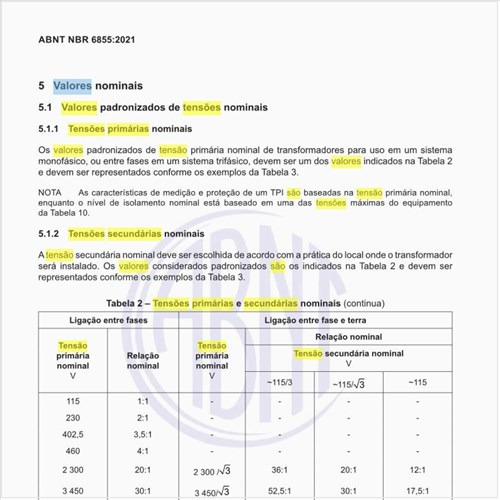 Quais são os valores das tensões primárias e secundárias nominais?