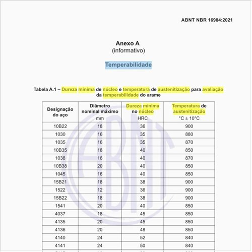 Qual deve ser a dureza mínima de núcleo e temperatura de austenitização para avaliação da temperabilidade do arame?