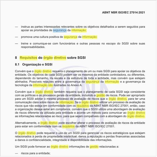 Quais são os requisitos do órgão diretivo sobre sistema de gestão de segurança da informação (SGSI)?
