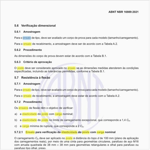 Como executar o ensaio para verificação da elasticidade do poste com carga nominal?