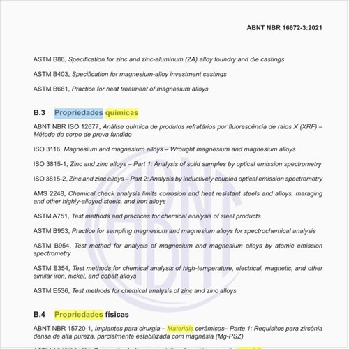 Quais são as normas relacionadas com as propriedades químicas dos materiais metálicos absorvíveis?