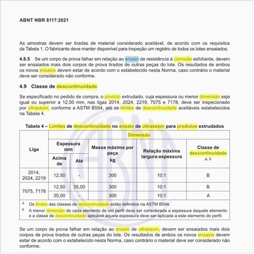 Quais são os limites de descontinuidade no ensaio de ultrassom para produtos extrudados?