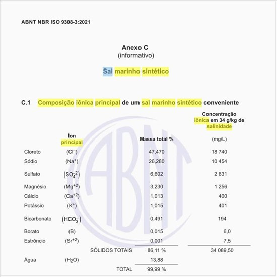 Qual é a composição iônica principal de um sal marinho sintético conveniente?