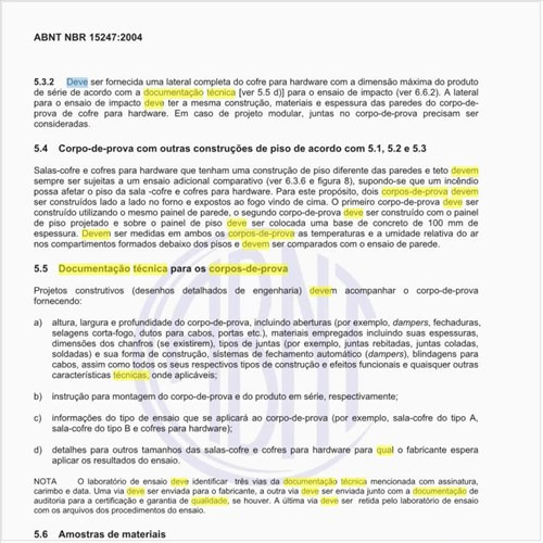 Qual deve ser a documentação técnica para os corpos de prova?