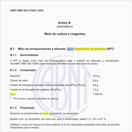 Quais os critérios de desempenho da água peptonada tamponada (APT)?