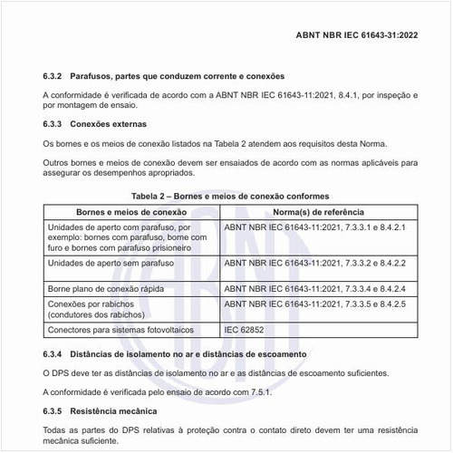 Quais devem ser os bornes e os meios de conexão conformes?