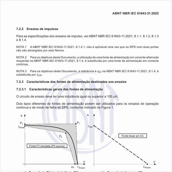 Quais são as especificações para os ensaios de impulsos?