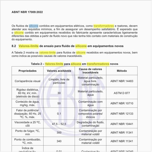 Quais são os valores-limite para silicone em transformadores novos?