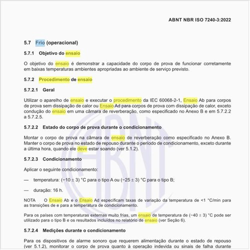 Qual deve ser o procedimento de ensaio para frio (operacional)?