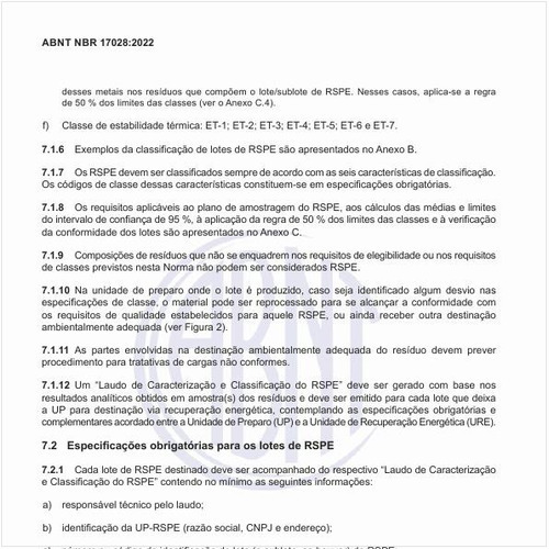 Quais são as especificações obrigatórias para os lotes de RSPE?
