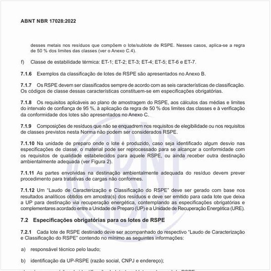 Quais são as especificações obrigatórias para os lotes de RSPE?