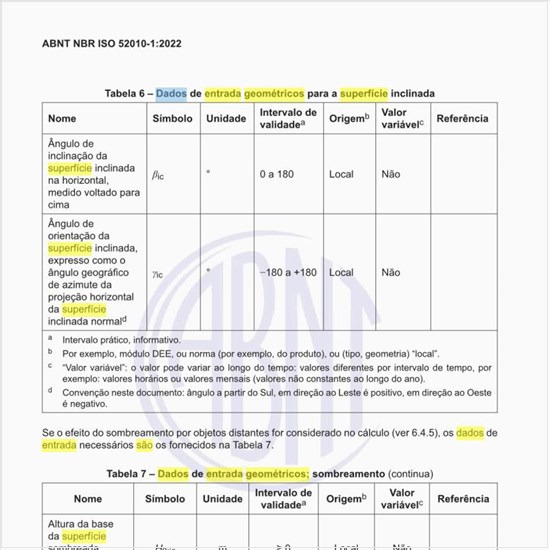 Quais são os dados de entrada geométricos para a superfície inclinada?