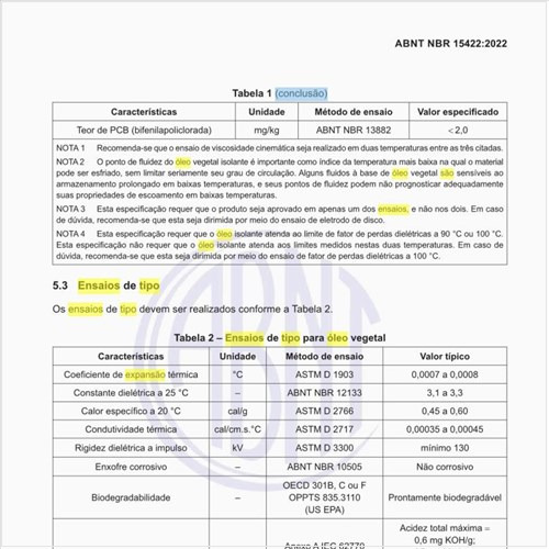 Quais são os ensaios de tipo para o óleo vegetal?