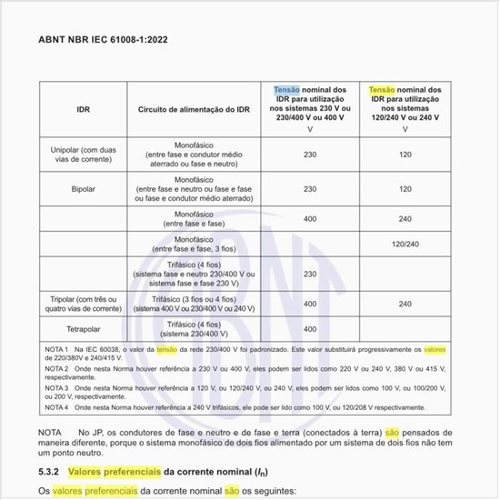 Quais são os valores preferenciais da tensão nominal?