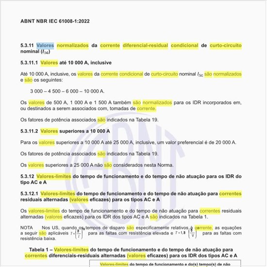 Quais são os valores normalizados da corrente diferencial-residual condicional de curto-circuito nominal?