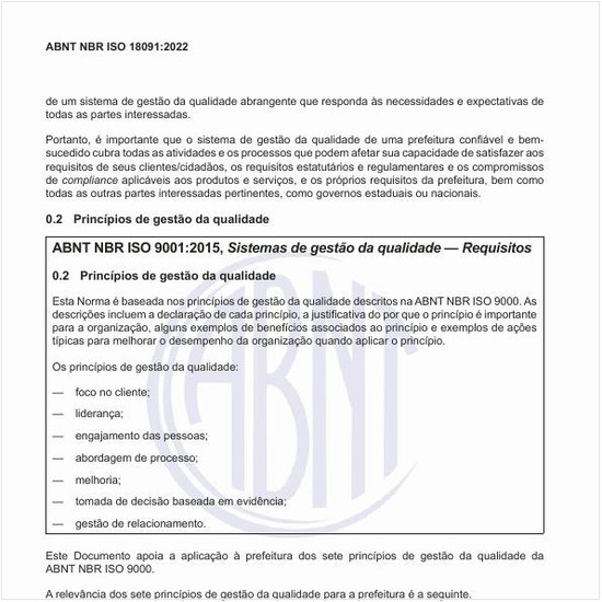Qual é a relevância dos sete princípios de gestão da qualidade para a prefeitura?