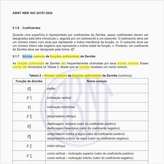 Quais são os nomes comuns de funções polinomiais de Zernike?