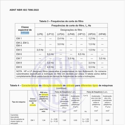 Quais são as características da vibração simulada de entrada para diferentes tipos de máquinas?